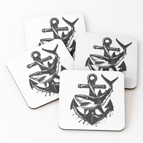 Item preview, Shark and Anchor Black and White Nautical Tattoo Style Design designed and sold by inkoutninja.