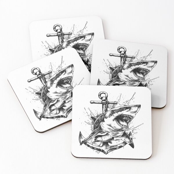 Item preview, Great White Shark and Anchor Black and White Nautical Tattoo Design designed and sold by inkoutninja.