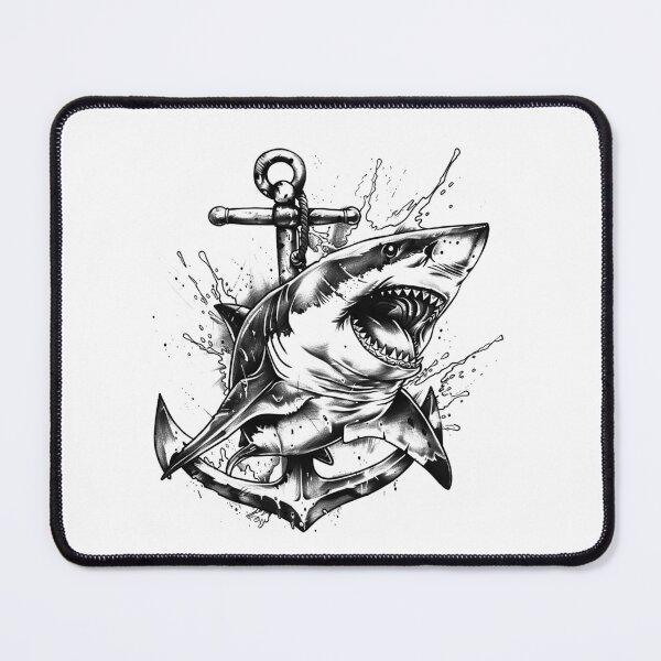 Item preview, Great White Shark and Anchor Black and White Nautical Tattoo Design designed and sold by inkoutninja.