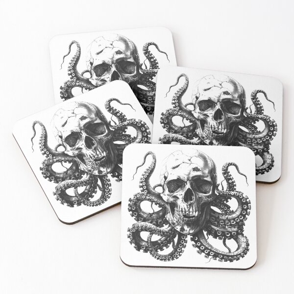 Item preview, Octopus Skull Black and White Gothic Nautical Tattoo Design designed and sold by inkoutninja.