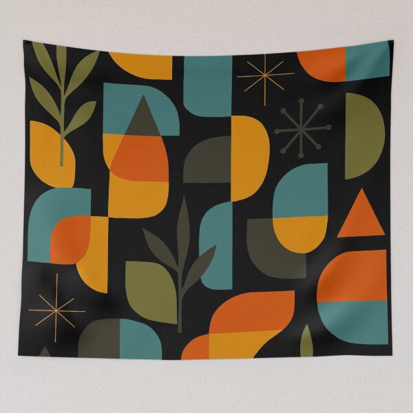 Item preview, Black Orange Teal Abstract Shapes Botanical Pattern designed and sold by Vileprint.