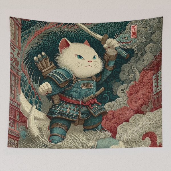 Item preview, Samurai Cat vs Dragon Wall Art | Japanese Art Print | Anime Style Cat Poster | Unique Fantasy Animal Artwork | Printable Download designed and sold by De Aqui y de Alla Studio.