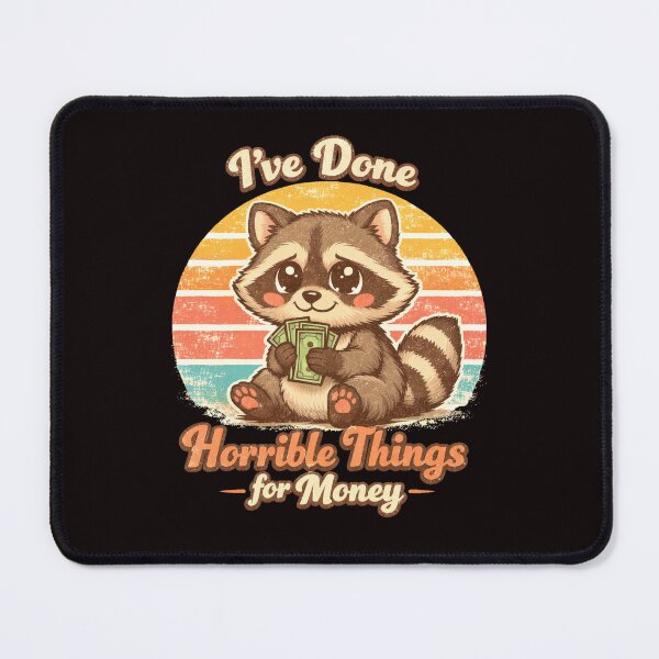 Item preview, Cute Raccoon Retro Sunset – I've Done Horrible Things for Money Funny Dark Humor Design designed and sold by FrameFlow.