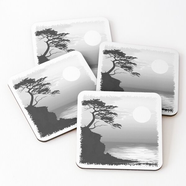 Item preview, Moonlit Coastal Cliff Black and White Minimal Landscape Design designed and sold by inkoutninja.