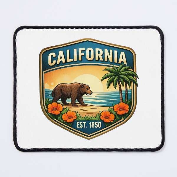 Item preview, California Republic Vintage Badge Grizzly Bear and Palm Tree Coastal Art designed and sold by SasquatchTrail.