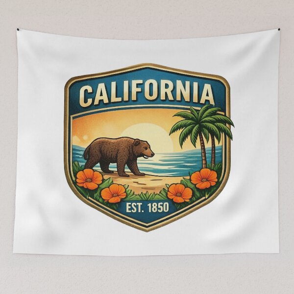 Item preview, California Republic Vintage Badge Grizzly Bear and Palm Tree Coastal Art designed and sold by SasquatchTrail.