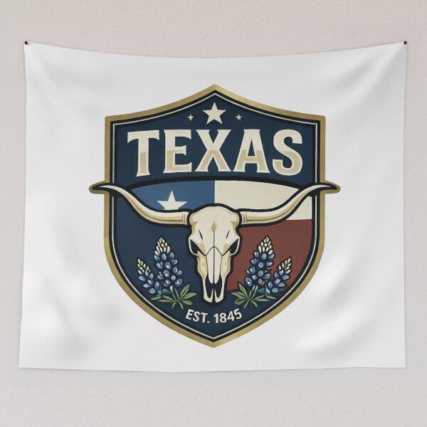 Item preview, Texas Est 1845 Vintage Badge Longhorn Skull and Bluebonnets Art designed and sold by SasquatchTrail.