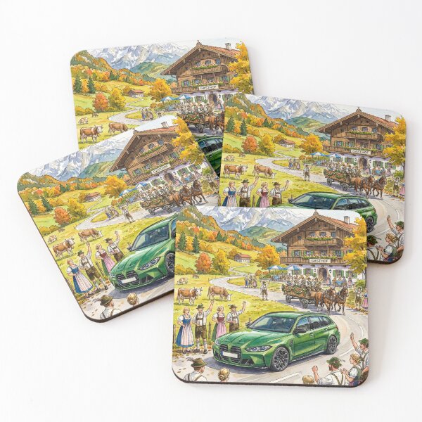 Item preview, Modern touring car passing a festive mountain inn designed and sold by RevUpDesign.
