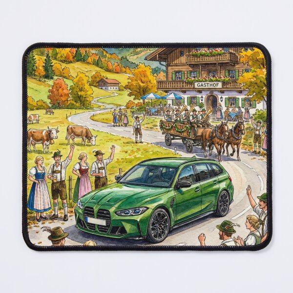 Item preview, Modern touring car passing a festive mountain inn designed and sold by RevUpDesign.