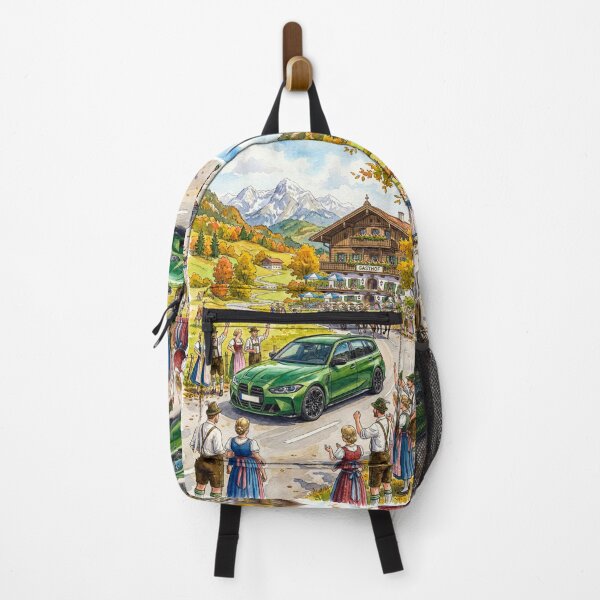 Item preview, Modern touring car passing a festive mountain inn designed and sold by RevUpDesign.