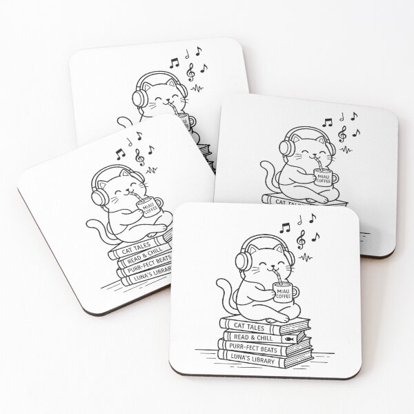 Item preview, Kawaii Cat with Headphones Drinking Coffee Sitting on Books - Aesthetic Lofi Cat Illustration for Cat Lovers designed and sold by seven things shop.