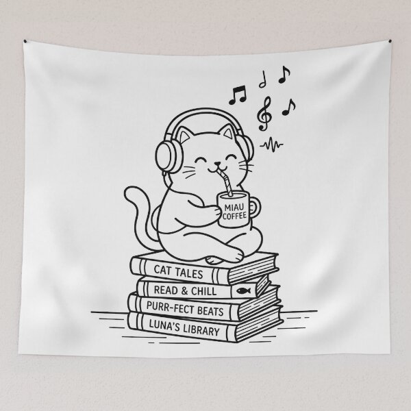 Item preview, Kawaii Cat with Headphones Drinking Coffee Sitting on Books - Aesthetic Lofi Cat Illustration for Cat Lovers designed and sold by seven things shop.