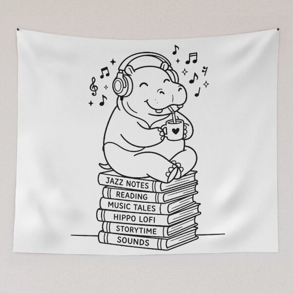Item preview, Cute Hippo Listening to Music on Book Stack Coloring Page, Kawaii Animal Lo-fi Aesthetic Line Art designed and sold by seven things shop.