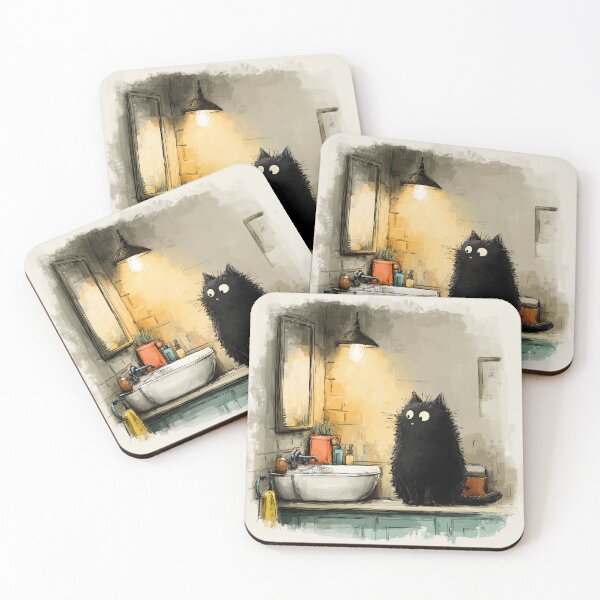 Item preview, Fluffy Black Cat in a Cozy Bathroom – The Secret Life of Cats designed and sold by Erika Kaisersot.
