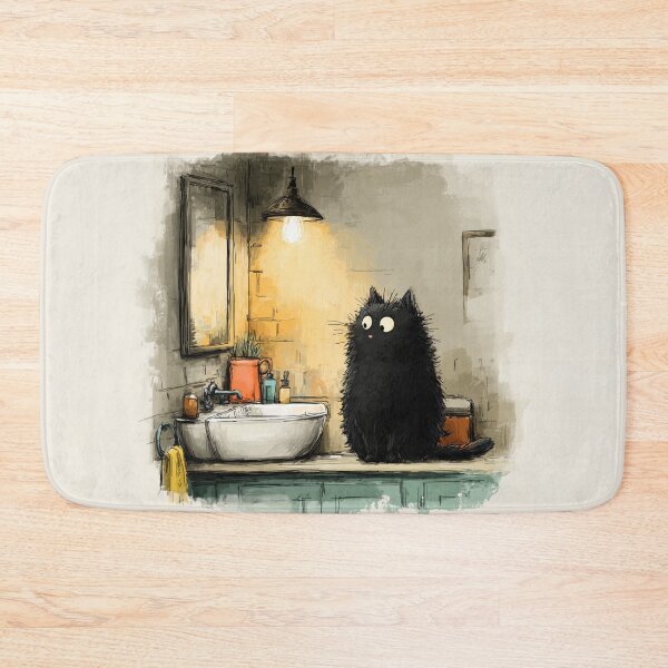 Item preview, Fluffy Black Cat in a Cozy Bathroom – The Secret Life of Cats designed and sold by Erika Kaisersot.