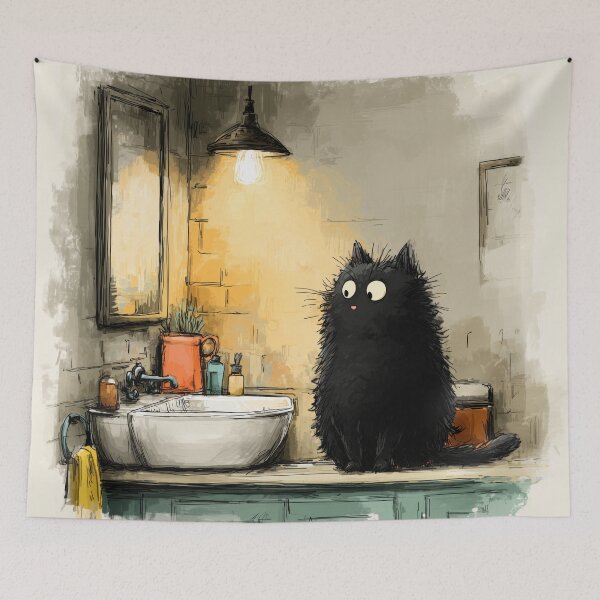 Item preview, Fluffy Black Cat in a Cozy Bathroom – The Secret Life of Cats designed and sold by Erika Kaisersot.