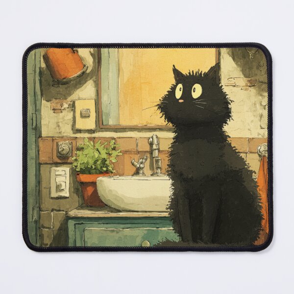 Item preview, Black Cat in a Cozy Bathroom – The Secret Life of Cats designed and sold by Erika Kaisersot.