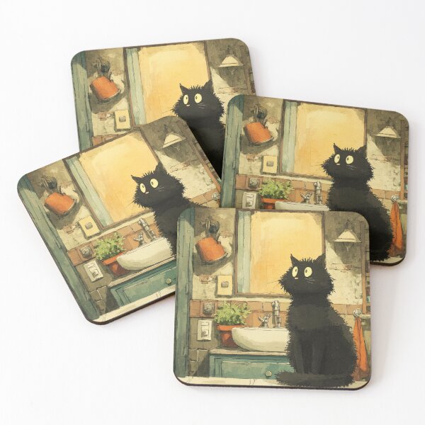 Item preview, Black Cat in a Cozy Bathroom – The Secret Life of Cats designed and sold by Erika Kaisersot.