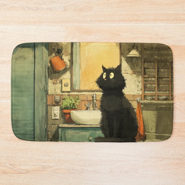 Item preview, Black Cat in a Cozy Bathroom – The Secret Life of Cats designed and sold by Erika Kaisersot.