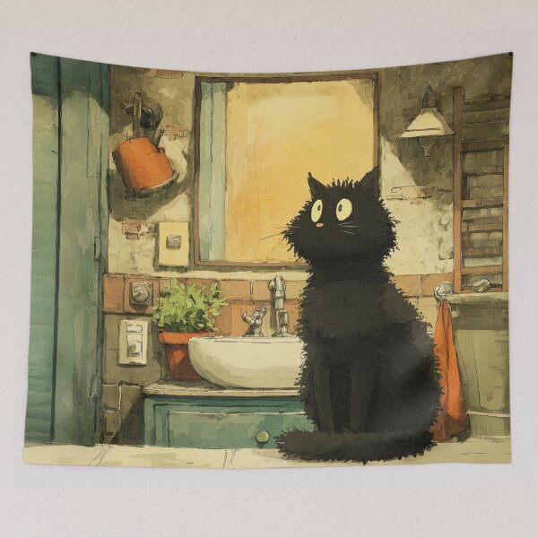 Item preview, Black Cat in a Cozy Bathroom – The Secret Life of Cats designed and sold by Erika Kaisersot.