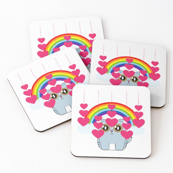 Item preview, Cartoon Blue Cat with Hanging Hearts and Rainbow designed and sold by Love3Happy.