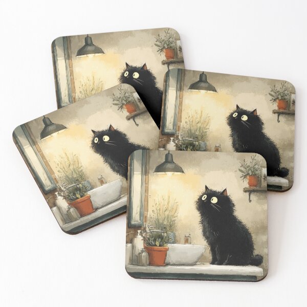 Item preview, Black Cat in a Cozy Bathroom – The Secret Life of Cats designed and sold by Erika Kaisersot.