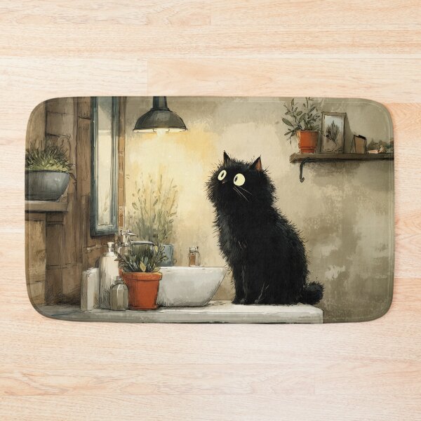 Item preview, Black Cat in a Cozy Bathroom – The Secret Life of Cats designed and sold by Erika Kaisersot.