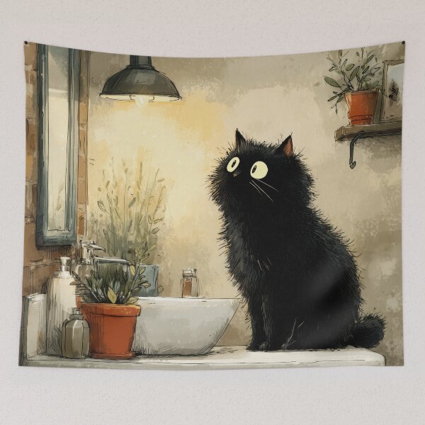 Item preview, Black Cat in a Cozy Bathroom – The Secret Life of Cats designed and sold by Erika Kaisersot.