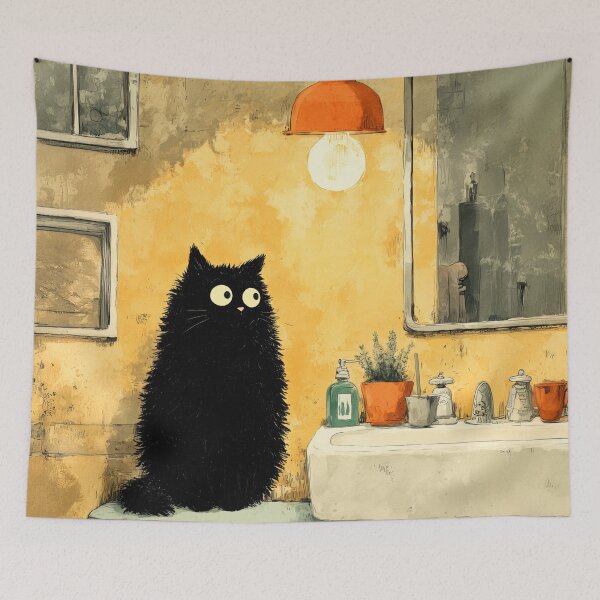 Item preview, Black Cat Under Warm Bathroom Light – The Secret Life of Cats designed and sold by Erika Kaisersot.