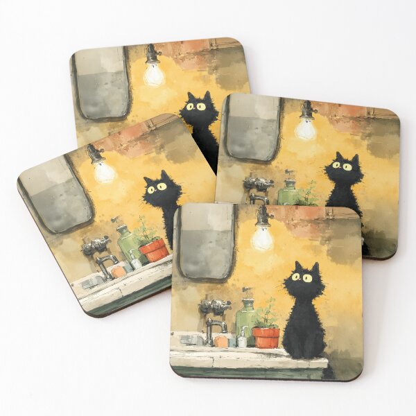 Item preview, Black Cat Under a Warm Bathroom Light – The Secret Life of Cats designed and sold by Erika Kaisersot.