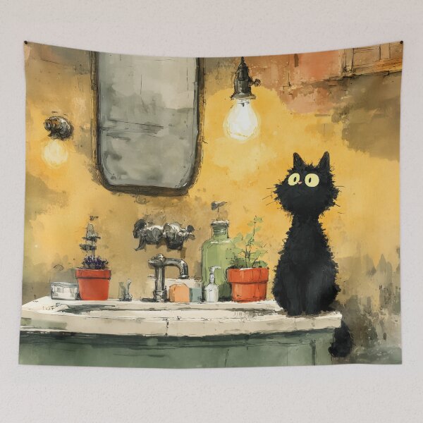 Item preview, Black Cat Under a Warm Bathroom Light – The Secret Life of Cats designed and sold by Erika Kaisersot.