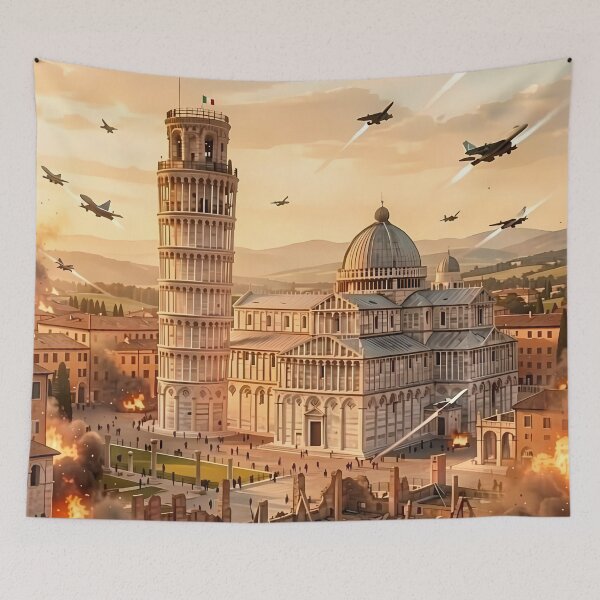Item preview, Pisa Leaning Tower Beneath Burning Skies in Attacked Surreal Tuscany designed and sold by ArtaFutura.