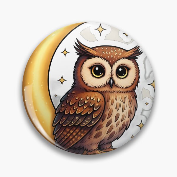 Item preview, Warm Brown Owl Crescent Moon Badge designed and sold by pumsquare.