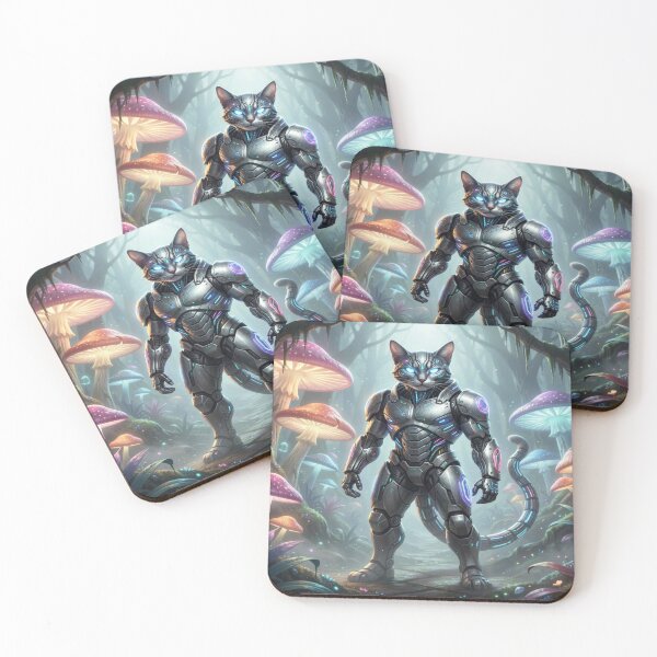 Item preview, Cyber Cat Warrior in Mystic Neon Forest with Glowing Fantasy Mushrooms designed and sold by FotoworldEdel.