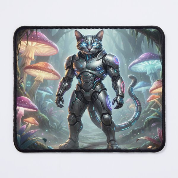 Item preview, Cyber Cat Warrior in Mystic Neon Forest with Glowing Fantasy Mushrooms designed and sold by FotoworldEdel.