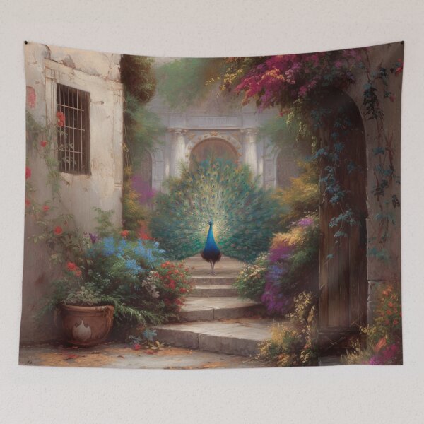 Item preview, A majestic Peacock displaying its full tail in a palace garden, Birds in Motion designed and sold by CDC40.