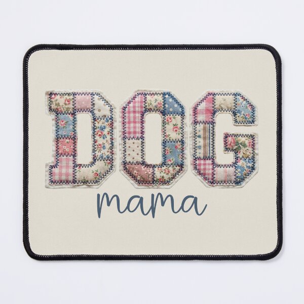 Item preview, Dog mama in blue and pink patchwork fabric quilt squares designed and sold by Fern and Quill.