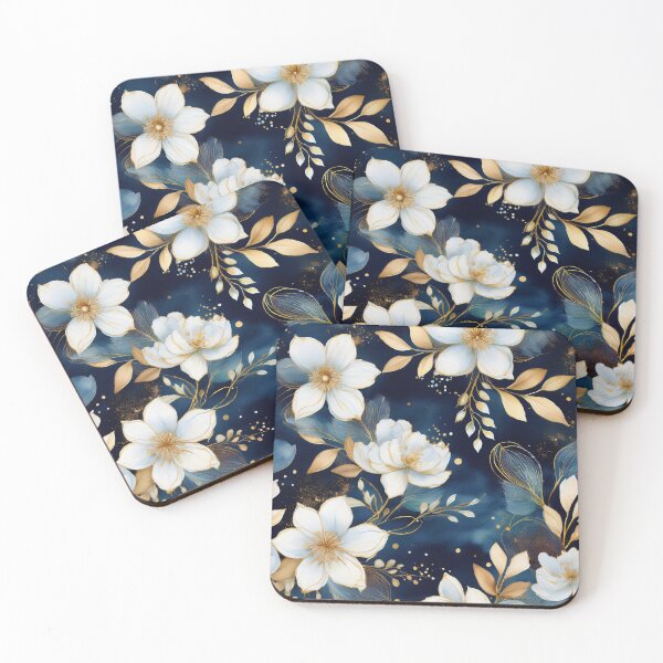 Item preview, Watercolor white flowers with gold on dark blue background designed and sold by AnnaHolyph.