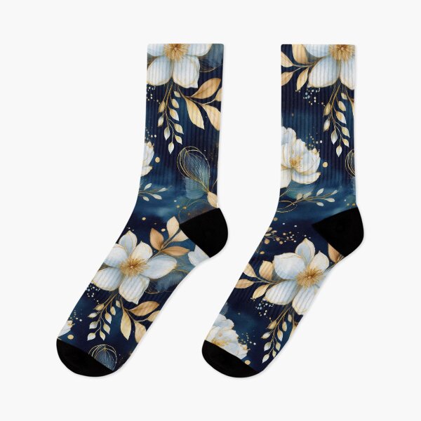 Item preview, Watercolor white flowers with gold on dark blue background designed and sold by AnnaHolyph.
