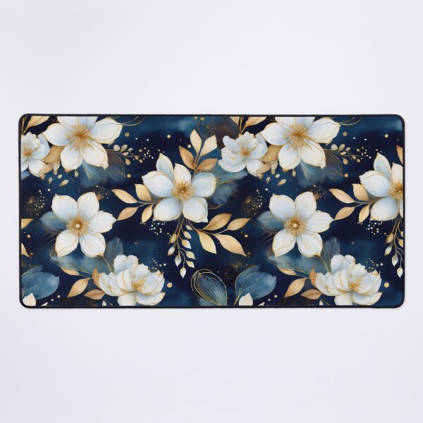 Item preview, Watercolor white flowers with gold on dark blue background designed and sold by AnnaHolyph.