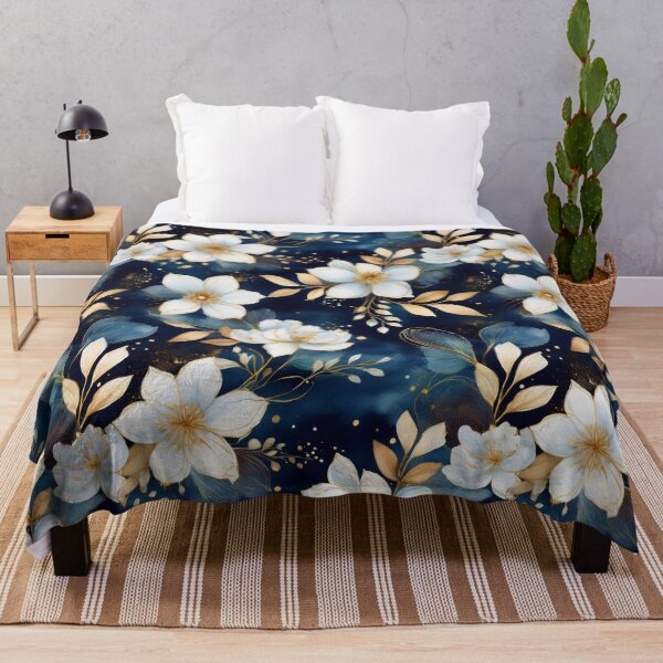 Item preview, Watercolor white flowers with gold on dark blue background designed and sold by AnnaHolyph.