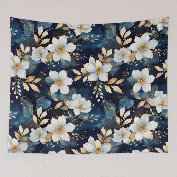 Item preview, Watercolor white flowers with gold on dark blue background designed and sold by AnnaHolyph.