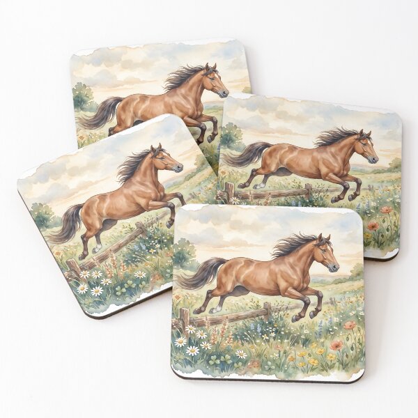 Item preview, Bay Horse Watercolor Art - Galloping Stallion Meadow Landscape designed and sold by RubisLeaf.