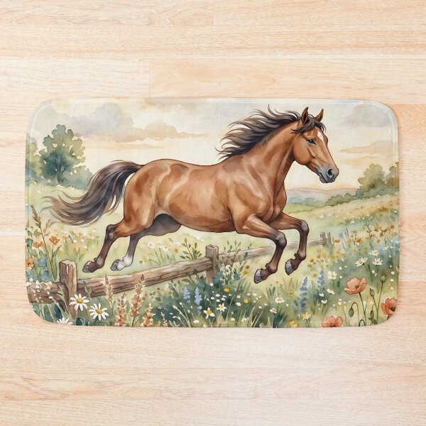 Item preview, Bay Horse Watercolor Art - Galloping Stallion Meadow Landscape designed and sold by RubisLeaf.