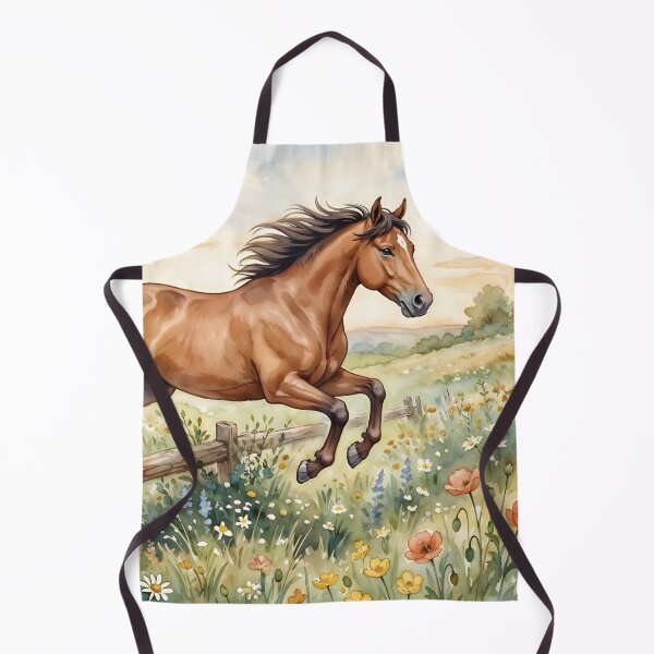 Item preview, Bay Horse Watercolor Art - Galloping Stallion Meadow Landscape designed and sold by RubisLeaf.