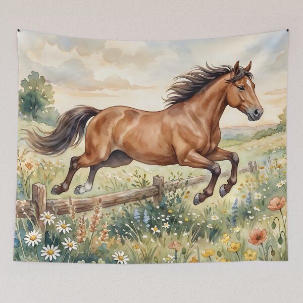 Item preview, Bay Horse Watercolor Art - Galloping Stallion Meadow Landscape designed and sold by RubisLeaf.