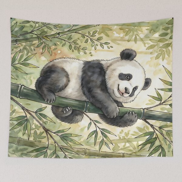 Item preview, Panda Watercolor Art - Cute Giant Panda Climbing Bamboo Forest designed and sold by RubisLeaf.