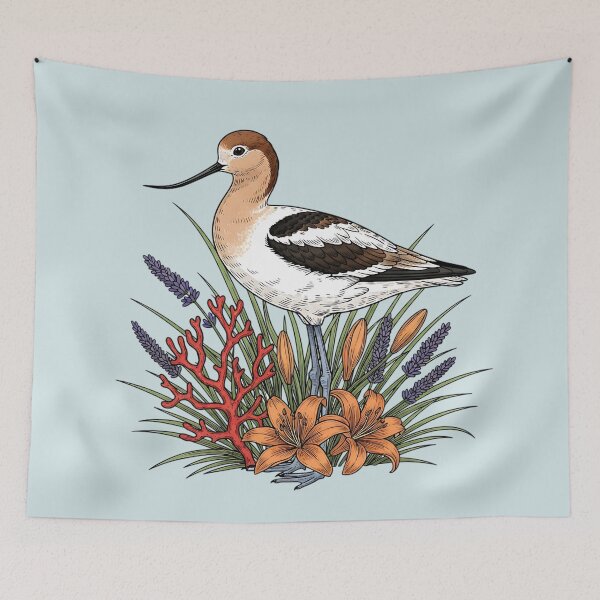 Item preview, American Avocet With Wildflowers Botanical Bird Illustration designed and sold by BirdsnStuff.