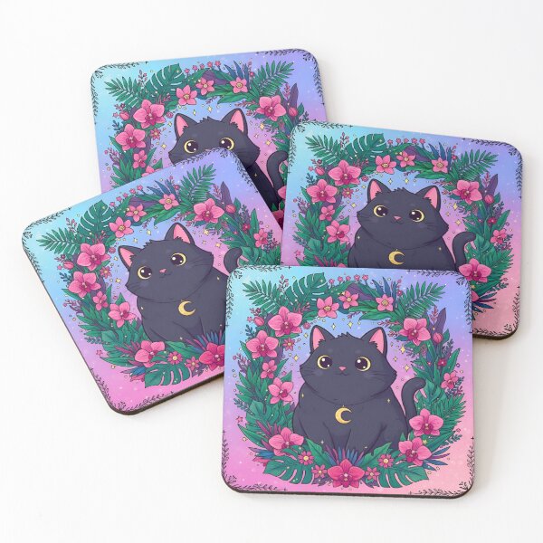 Item preview, Kawaii Mystic Black Cat with Tropical Flowers – Cute Magical Kitty Art designed and sold by Good Vibes .