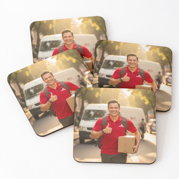 Item preview, Smiling Courier Carrying Parcel Through Golden City Street designed and sold by ArtaFutura.